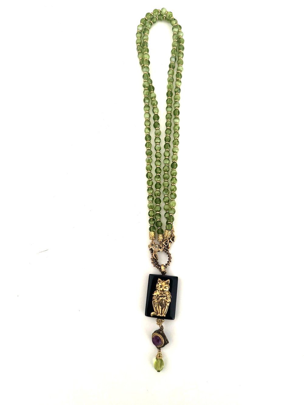 Heidi Daus Necklace Green Glass Beads Black Polished Pendant Gold Cat